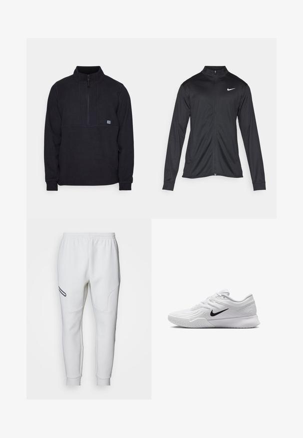 Czarna sportowa kurtka z długimi rękawami, kołnierzem i pełnym zamkiem. Posiada subtelne logo Nike w białym kolorze na lewej górnej części klatki piersiowej. Gładka tekstura.; Czarny polarowy sweter z półzamkiem, z detalem szwu na klatce piersiowej i małym logo po lewej stronie. Miękka faktura, długie rękawy.; Białe dresy z miękkiej, gładkiej tkaniny. Posiadają zaokrąglone boczne panele oraz czarny akcent wzdłuż boku. Elastyczny pas zapewniający regulowane dopasowanie.; Białe buty sportowe z teksturowaną siateczkową cholewką, czarnym logo Nike, wyściełanym kołnierzem oraz gumową podeszwą z bieżnikiem.