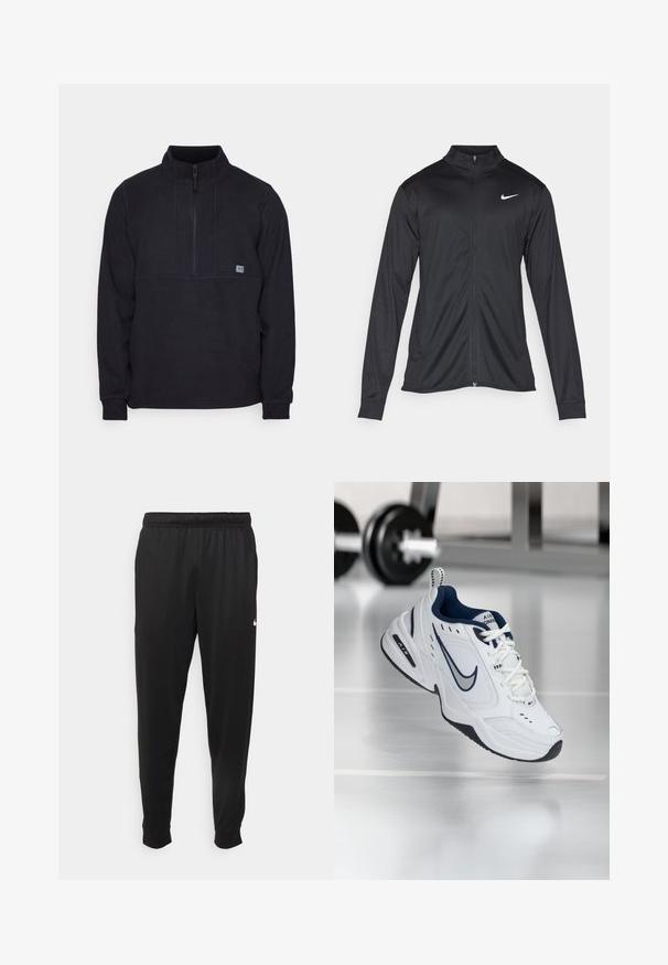 Schwarze Sportjacke mit langen Ärmeln, Kragen und voller Reißverschluss. Verfügt über ein dezentes Nike-Logo in Weiß auf der oberen linken Brust. Glatte Textur.; Schwarzer Fleece-Pullover mit einem Halbfreiheit-Kragen, der eine Brustnahtdetail und ein kleines Logo auf der linken Seite aufweist. Weicher Stoff, lange Ärmel.; Schwarze Sporthosen aus glattem Stoff, mit einem elastischen Bund, schmal zulaufenden Beinen und einem kleinen weißen Logo auf der linken Seite.; Weißer Sportschuh mit navyblauen Akzenten, Obermaterial aus Mesh und Leder, verstärkter Zehenbereich und schwarzer Gummisohle. Besitzt eine markante Nike-Branding.