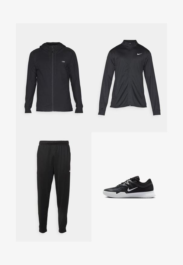Fekete sportdzseki hosszú ujjal, gallérral és teljes cipzárral. Diszkrét fehér Nike logóval az upper bal mellen. Sima textúra.; Fekete, zipzáros kapucnis pulóver sima anyagból. Kis logó található a mellkason, és oldalsó zsebekkel rendelkezik. Egyenes fazonú és hosszú ujjú.; Fekete sportos nadrág sima anyagból, rugalmas derékkal, szűkülő lábakkal és egy kis fehér logóval a bal oldalon.; Fekete sportcipő texturált felsőrésszel, fehér Nike logóval és fehér gumitalppal. Fűzős kialakítással és dinamikus formával rendelkezik.