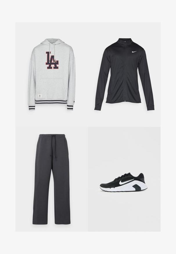 Giacca sportiva nera con maniche lunghe, colletto e zip completa. Presenta un logo Nike in bianco sulla parte superiore del lato sinistro del petto. Tessuto morbido.; Felpa grigia con cappuccio caratterizzata da un grande logo "LA" in blu navy con dettagli rossi, cordini, tasca frontale e dettagli a strisce sui polsini e sull'orlo.; Pantaloni della tuta grigi con vita a coulisse, realizzati in tessuto morbido. Design a gamba larga con cuciture laterali, accenti minimalisti e nessun motivo visibile.; Scarpa da corsa Nike in bianco e nero con logo swoosh bianco, design con lacci e suola imbottita, mostrata di lato su sfondo uniforme.