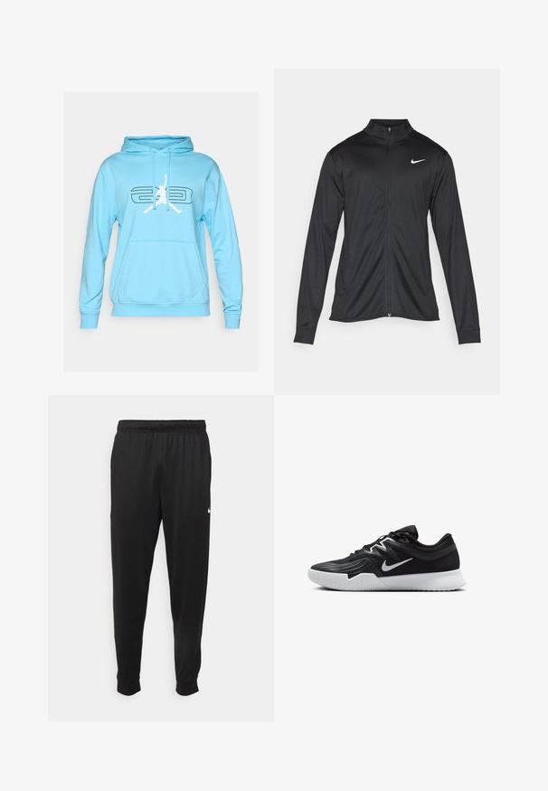 Čierna športová bunda s dlhými rukávmi, golierom a plným zipsom. Obsahuje nenápadné logo Nike v bielej farbe na hornej ľavej hrudi. Hladká textúra.; Svetlomodrá mikina s kapucňou a predným vreckom, s bielym grafickým logom a čiernym textom. Mäkká tkanina a štandardný strih.; Čierne športové nohavice z hladkej tkaniny, s elastickým pásom, zužujúcimi sa nohavicami a malým bielym logom na ľavej strane.; Čierna športová topánka s textúrovaným zvrškom, bielym logom Nike a bielou gumovou podrážkou. Má šnurovací dizajn a dynamický tvar.
