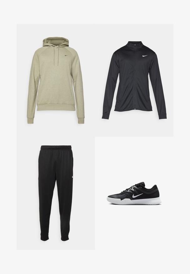 Fekete sportdzseki hosszú ujjal, gallérral és teljes cipzárral. Diszkrét fehér Nike logóval az upper bal mellen. Sima textúra.; Világos olíva zöld kapucnis pulóver, pamut keverék anyagból készült, húzózsinórral ellátott kapucnival, hosszú raglánujjakkal, bordázott mandzsettákkal és szegéllyel, valamint egy kis fekete logóval rendelkezik.; Fekete sportos nadrág sima anyagból, rugalmas derékkal, szűkülő lábakkal és egy kis fehér logóval a bal oldalon.; Fekete sportcipő texturált felsőrésszel, fehér Nike logóval és fehér gumitalppal. Fűzős kialakítással és dinamikus formával rendelkezik.
