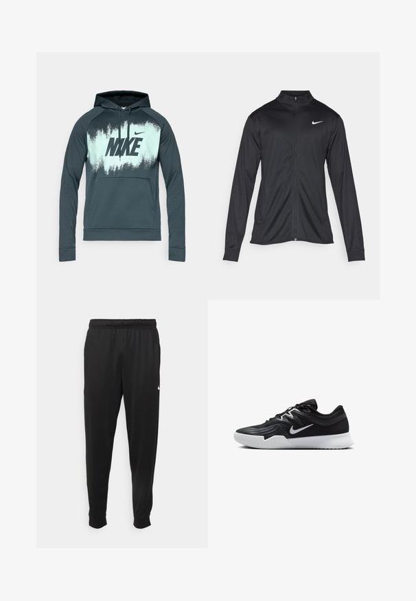 Veste de sport noire à manches longues, avec col et fermeture éclair intégrale. Présente un logo Nike subtil en blanc sur le côté supérieur gauche de la poitrine. Texture lisse.; Hoodie vert foncé avec une poche kangourou, présentant un fond dégradé menthe et un grand logo noir "NIKE" sur le devant.; Pantalon de sport noir en tissu lisse, avec une taille élastique, des jambes fuselées et un petit logo blanc sur le côté gauche.; Chaussure de sport noire avec une tige texturée, un swoosh blanc de Nike et une semelle extérieure en caoutchouc blanc. Elle présente un design à lacets et une forme dynamique.