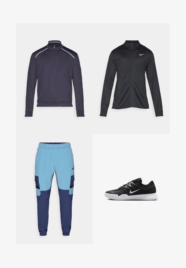 Μαύρο αθλητικό μπουφάν με μακριά μανίκια, γιακά και πλήρη φερμουάρ. Διαθέτει ένα διακριτικό λευκό λογότυπο της Nike στη πάνω αριστερή πλευρά του στήθους. Λείος υφασμάτινος χαρακτήρας.; Μπλέ πόλο με φερμουάρ στον γιακά, μακριά μανίκια και αντίθετα χρώματα στους ώμους. Μαλακή υφή και εφαρμοστό σχέδιο για άνεση και ελευθερία κινήσεων.; Μπλε και ναυτικά παντελόνια φόρμας με ελαστική μέση, πλαϊνές τσέπες και λεπτομέρειες τύπου cargo. Φτιαγμένα από μαλακό, αναπνεύσιμο ύφασμα.; Μαύρο αθλητικό παπούτσι με υφή στο επάνω μέρος, λευκό σήμα Nike και λευκή καουτσούκ σόλα. Διαθέτει σχέδιο με κορδόνια και δυναμικό σχήμα.