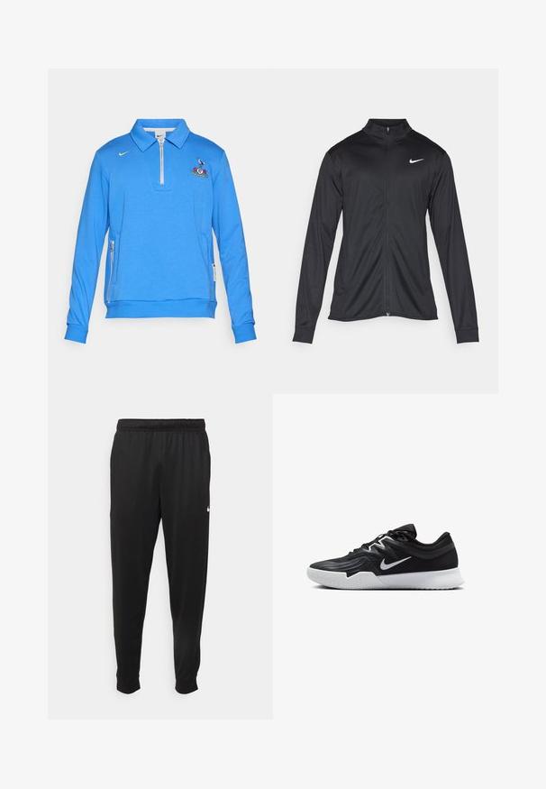 Černá sportovní bunda s dlouhými rukávy, límcem a plným zipem. Má decentní bílou logo značky Nike na horní levé části hrudi. Hladká textura.; Modrý svetr s kapucí vyrobený z měkkého materiálu, s límcem na zip, vyšitým logem na hrudi a bočními kapsami na zip.; Černé sportovní kalhoty vyrobené z hladké tkaniny, s elastickým pasem, zúženými nohavicemi a malým bílým logem na levé straně.; Černá atletická bota s texturovaným svrškem, bílým logem Nike a bílou gumovou podrážkou. Disponuje šněrovacím designem a dynamickým tvarem.