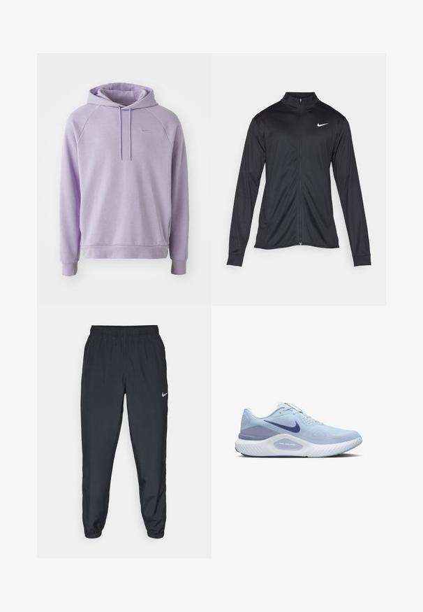 Veste de sport noire à manches longues, avec col et fermeture éclair intégrale. Présente un logo Nike subtil en blanc sur le côté supérieur gauche de la poitrine. Texture lisse.; Sweatshirt à capuche violet avec un cordon de serrage, des manches raglan et des poignets côtelés. Présente un petit logo discret sur la poitrine.; Pantalon de jogging noir en tissu léger avec une ceinture élastique, des poignets aux chevilles et un logo Nike discret sur le côté gauche.; Baskets de sport bleu clair avec une tige en mesh respirant, des accents bleu foncé, une semelle texturée et un système de soutien rembourré.
