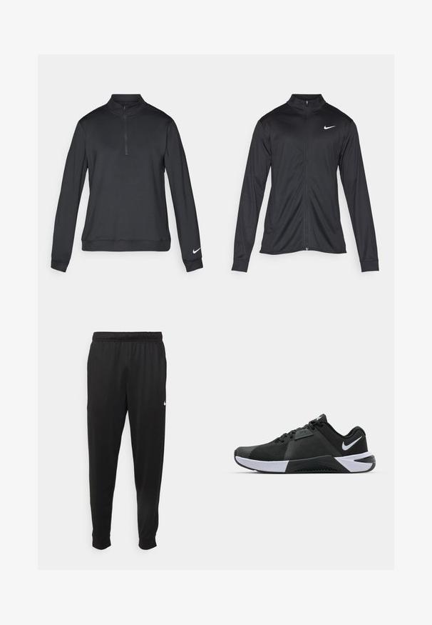 Svart idrettsjakke med lange ermer, krage og full glidelås. Har en subtil Nike-logo i hvitt på øvre venstre bryst. Glatt tekstur.; Svart Nike-pullover med høy krage, kvartlengde glidelås og lange ermer. Har en liten hvit logo på venstre erme. Glatt stofftekstur.; Svarte treningsbukser laget av glatt stoff, med elastisk midje, smale ben og en liten hvit logo på venstre side.; Nike Performance METCON 10 - Treningssko - black/white/anthracite