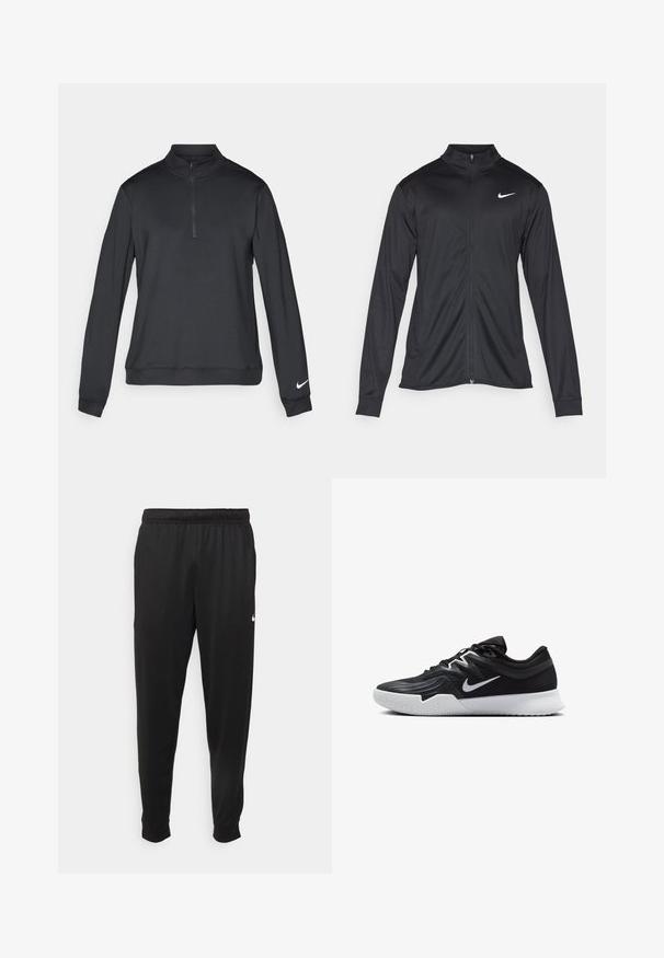 Černá sportovní bunda s dlouhými rukávy, límcem a plným zipem. Má decentní bílou logo značky Nike na horní levé části hrudi. Hladká textura.; Černý pulovr Nike s vysokým límcem, čtvrtinovým zipem a dlouhými rukávy. Obsahuje malé bílé logo na levém rukávu. Hladká textilie.; Černé sportovní kalhoty vyrobené z hladké tkaniny, s elastickým pasem, zúženými nohavicemi a malým bílým logem na levé straně.; Černá atletická bota s texturovaným svrškem, bílým logem Nike a bílou gumovou podrážkou. Disponuje šněrovacím designem a dynamickým tvarem.