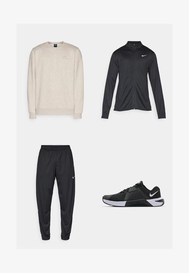 Svart idrettsjakke med lange ermer, krage og full glidelås. Har en subtil Nike-logo i hvitt på øvre venstre bryst. Glatt tekstur.; Lys beige sweatshirt laget av myk stoff, med rund hals, lange ermer og en liten logo på brystet.; Svarte treningbukser med elastisk midje, avsmalnende ben og en liten hvit Nike-logo på venstre lår. Glatt stoff, ingen mønstre.; Nike Performance METCON 10 - Treningssko - black/white/anthracite