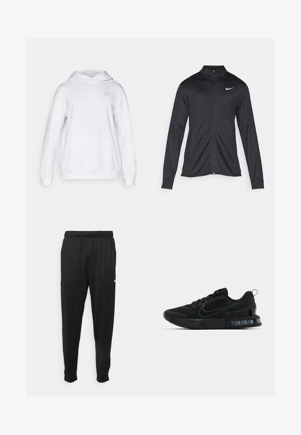 Black athletic jacket with long sleeves, collar, and full zipper. Features a subtle Nike logo in white on the upper left chest. Smooth texture.; White hoodie with a front pouch pocket, drawstring hood, and a subtle logo on the chest. Material appears soft and textured.; Black athletic pants made of smooth fabric, featuring an elastic waistband, tapered legs, and a small white logo on the left side.; Black Nike athletic shoe featuring a mesh upper, rubber sole, padded collar, and a distinct transparent heel accent.