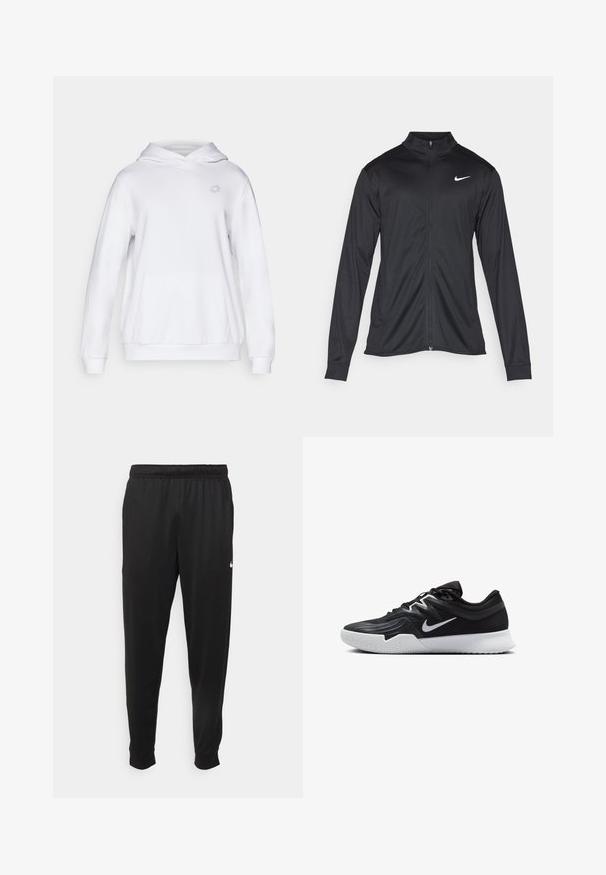 Čierna športová bunda s dlhými rukávmi, golierom a plným zipsom. Obsahuje nenápadné logo Nike v bielej farbe na hornej ľavej hrudi. Hladká textúra.; Biely mikina s prednou vreckom, kapucňou so šnúrkou a jemným logom na hrudníku. Materiál vyzerá mäkký a textúrovaný.; Čierne športové nohavice z hladkej tkaniny, s elastickým pásom, zužujúcimi sa nohavicami a malým bielym logom na ľavej strane.; Čierna športová topánka s textúrovaným zvrškom, bielym logom Nike a bielou gumovou podrážkou. Má šnurovací dizajn a dynamický tvar.