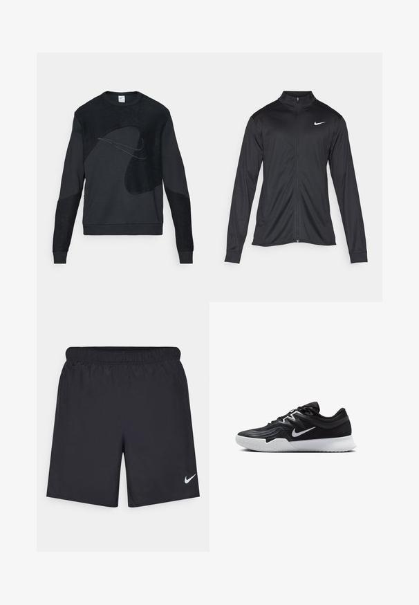 Black athletic jacket with long sleeves, collar, and full zipper. Features a subtle Nike logo in white on the upper left chest. Smooth texture.; Black Nike sweatshirt featuring a textured design with varying fabric patterns, a crew neck, and long sleeves, emphasizing a modern aesthetic.; Black athletic shorts made of lightweight material with an elastic waistband. Features a small white Nike logo on the lower left side.; Black athletic shoe with a textured upper, white Nike swoosh, and a white rubber outsole. Features a lace-up design and dynamic shape.