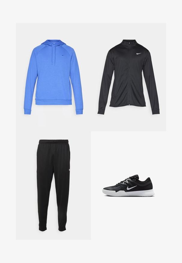 Svart idrettsjakke med lange ermer, krage og full glidelås. Har en subtil Nike-logo i hvitt på øvre venstre bryst. Glatt tekstur.; Blå hettegenser laget av mykt stoff, med en frontlomme i kengurustil, snøring i hetten og en liten logo på brystet.; Svarte treningsbukser laget av glatt stoff, med elastisk midje, smale ben og en liten hvit logo på venstre side.; Svart treningssko med teksturert overdel, hvit Nike-swoosh og hvit gummisåle. Har snøring og en dynamisk form.