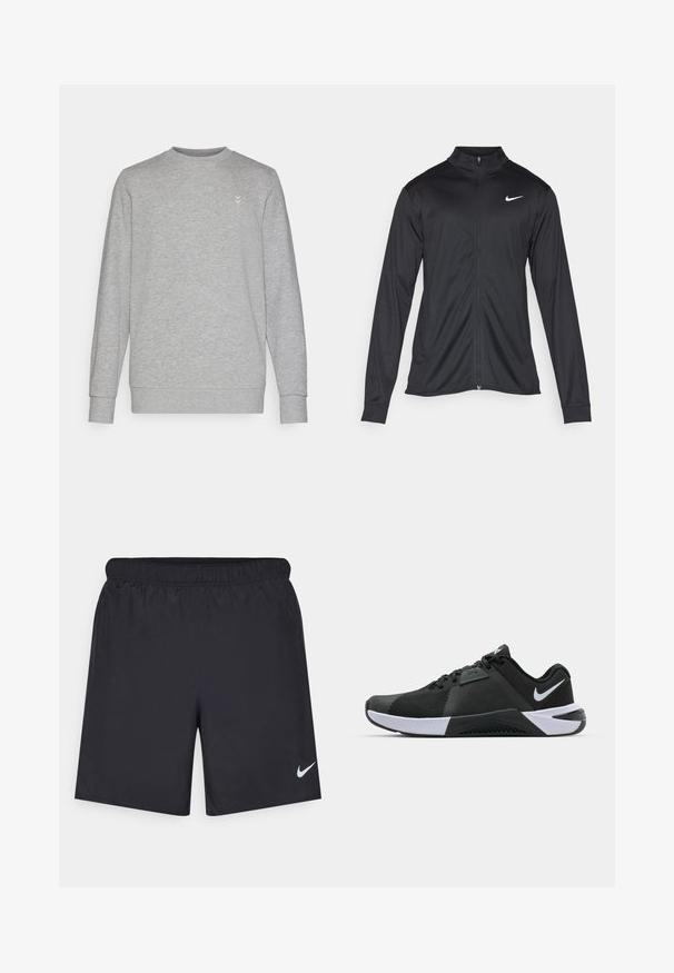 Veste de sport noire à manches longues, avec col et fermeture éclair intégrale. Présente un logo Nike subtil en blanc sur le côté supérieur gauche de la poitrine. Texture lisse.; Sweatshirt gris avec col rond, manches longues et un logo discret sur la poitrine. Fabriqué en mélange de coton doux avec des poignets côtelés.; Shorts de sport noirs en matériau léger avec une taille élastique. Présente un petit logo Nike blanc sur le bas du côté gauche.; Nike Performance METCON 10 - Chaussures fitness - black/white/anthracite