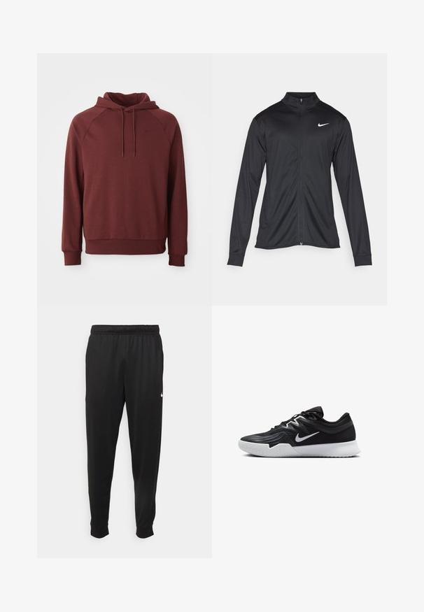 Giacca sportiva nera con maniche lunghe, colletto e zip completa. Presenta un logo Nike in bianco sulla parte superiore del lato sinistro del petto. Tessuto morbido.; Felpa con cappuccio a maniche lunghe color bordeaux, con coulisse frontale, polsini e orlo a costine, e piccolo logo swoosh Nike sul lato sinistro del petto.; Pantaloni sportivi neri realizzati in tessuto liscio, con una vita elastica, gambe affusolate e un piccolo logo bianco sul lato sinistro.; Scarpa sportiva nera con tomaia testurizzata, logo Nike swoosh bianco e suola in gomma bianca. Presenta un design con lacci e una forma dinamica.