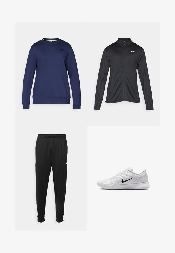 Svart idrottsjacka med långa ärmar, krage och full dragkedja. Har en diskret Nike-logga i vitt på övre vänstra bröstet. Slät yta.; Mörkblå sweatshirt i mjukt material, med rund halsringning, långa ärmar, ribbade muddar och en diskret logotyp på bröstet.; Svarta träningsbyxor i slät tyg, med elastisk midja, avsmalnande ben och en liten vit logotyp på vänster sida.; Vit träningsskor med strukturerad mesh-överkonstruktion, svart Nike-swoosh, vadderad krage och gummiyttersula med mönster.