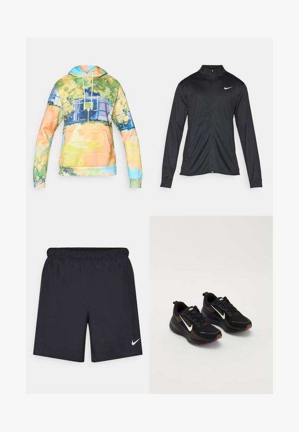 Czarna sportowa kurtka z długimi rękawami, kołnierzem i pełnym zamkiem. Posiada subtelne logo Nike w białym kolorze na lewej górnej części klatki piersiowej. Gładka tekstura.; Kaptur z miękkiego materiału z wielokolorowym wzorem akwareli, z przednią kieszenią kangurką i sznurkiem do regulacji kaptura.; Czarne spodenki sportowe wykonane z lekkiego materiału, z elastycznym pasem. Posiadają małe białe logo Nike na dolnej lewej stronie.; Czarne buty sportowe z oddychającą siateczką, biały znak Nike, teksturowana podeszwa oraz kontrastujące brązowe akcenty. Zawierają wzmocniony obcas.