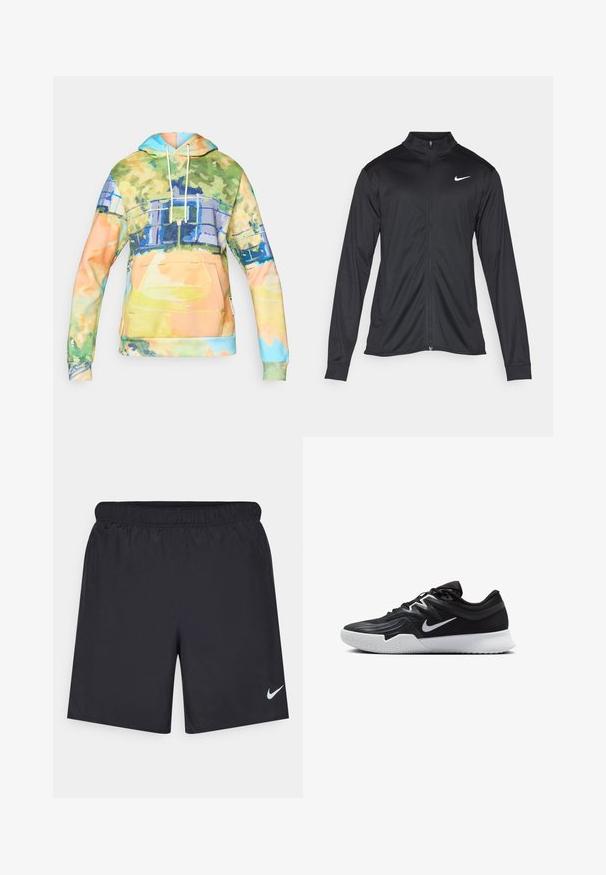 Crna sportska jakna s dugim rukavima, ovratnikom i punim patentnim zatvaračem. Ima suptilan Nike logo u bijeloj boji na gornjem lijevom dijelu prsne oznake. Glatka tekstura.; Kapa s kapuljačom od mekog materijala s višebojnim akvarelnim uzorkom, prednjim džepom za kengure i kapuljačom s vezicom.; Crne atletske kratke hlače od laganog materijala s elastičnom tačkom. Imaju mali bijeli Nike logo na donjoj lijevoj strani.; Crna sportska cipela s teksturiranim gornjim dijelom, bijelim Nike swooshom i bijelim gumennim potplatom. Ima dizajn s vezanjem i dinamičan oblik.