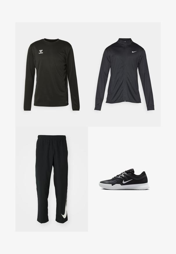 Schwarze Sportjacke mit langen Ärmeln, Kragen und voller Reißverschluss. Verfügt über ein dezentes Nike-Logo in Weiß auf der oberen linken Brust. Glatte Textur.; Langärmliges schwarzes Sportshirt aus feuchtigkeitsableitendem Material, mit Rundhalsausschnitt und einem weißen Logo auf der oberen linken Brustseite.; Schwarze Sporthose mit elastischem Bund und taillierter Passform, auf der linken Beinschulter befindet sich ein großes weißes Nike-Logo. Weicher, leichter Stoff.; Schwarzer Sportschuh mit strukturiertem Obermaterial, weißem Nike-Warenzeichen und einer weißen Gummisohle. Verfügt über ein Schnürdesign und eine dynamische Form.