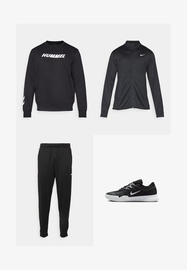 Veste de sport noire à manches longues, avec col et fermeture éclair intégrale. Présente un logo Nike subtil en blanc sur le côté supérieur gauche de la poitrine. Texture lisse.; Sweatshirt noir en mélange de coton. Présente le logo "HUMMEL" en blanc à l'avant et d'autres marques sur la manche gauche. Poignets et ourlet inférieurs côtelés.; Pantalon de sport noir en tissu lisse, avec une taille élastique, des jambes fuselées et un petit logo blanc sur le côté gauche.; Chaussure de sport noire avec une tige texturée, un swoosh blanc de Nike et une semelle extérieure en caoutchouc blanc. Elle présente un design à lacets et une forme dynamique.