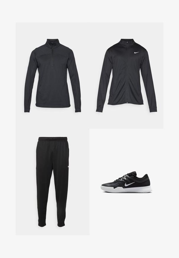 Black athletic jacket with long sleeves, collar, and full zipper. Features a subtle Nike logo in white on the upper left chest. Smooth texture.; Black pullover top with a half-zip collar, long sleeves, textured fabric, and reinforced stitching. Features a logo accent on the sleeve.; Black athletic pants made of smooth fabric, featuring an elastic waistband, tapered legs, and a small white logo on the left side.; Black athletic shoe with a textured upper, white Nike swoosh, and a white rubber outsole. Features a lace-up design and dynamic shape.