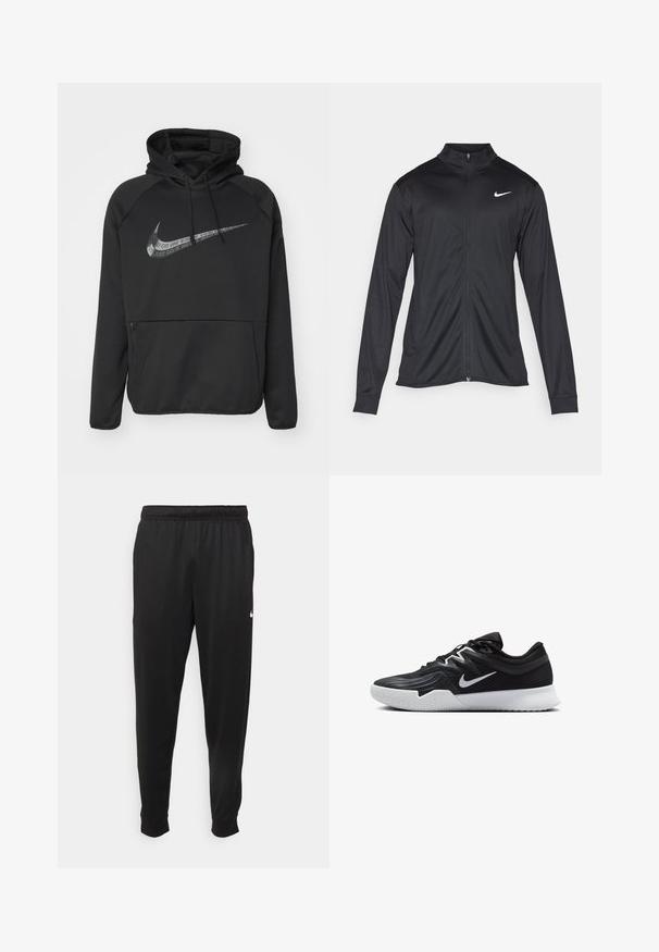 Chaqueta atlética negra con mangas largas, collar y cremallera completa. Presenta un sutil logo de Nike en blanco en la parte superior izquierda del pecho. Textura suave.; Nike Performance HOODIE - Jersey con capucha - black; Pantalones deportivos negros de tejido suave, con cintura elástica, perneras ajustadas y un pequeño logotipo blanco en el lado izquierdo.; Zapatilla deportiva negra con parte superior texturizada, logo de Nike en blanco y suela de goma blanca. Tiene un diseño con cordones y una forma dinámica.