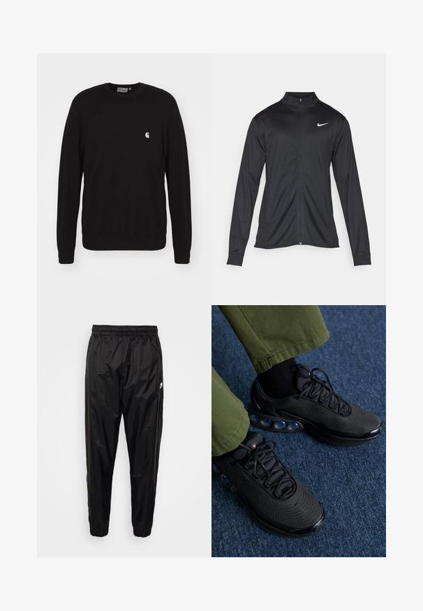 Giacca sportiva nera con maniche lunghe, colletto e zip completa. Presenta un logo Nike in bianco sulla parte superiore del lato sinistro del petto. Tessuto morbido.; Carhartt WIP Felpa - black; Pantaloni da allenamento neri realizzati in materiale leggero e lucido, con vita elasticizzata, vestibilità affusolata e tasche con zip. Presentano un accento con logo.; Scarpe da ginnastica nere con tomaia in rete, superficie testurizzata e pod di ammortizzazione visibili. Abbinate a pantaloni verde oliva e calzini neri.