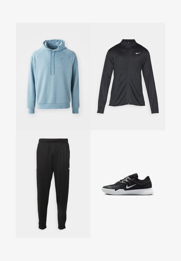 Fekete sportdzseki hosszú ujjal, gallérral és teljes cipzárral. Diszkrét fehér Nike logóval az upper bal mellen. Sima textúra.; Világoskék kapucnis pulóver, amely puha, textúrált anyagból készült. Kanguru zsebbel, bordázott mandzsettával és egy kis logóval a mellkason rendelkezik.; Fekete sportos nadrág sima anyagból, rugalmas derékkal, szűkülő lábakkal és egy kis fehér logóval a bal oldalon.; Fekete sportcipő texturált felsőrésszel, fehér Nike logóval és fehér gumitalppal. Fűzős kialakítással és dinamikus formával rendelkezik.