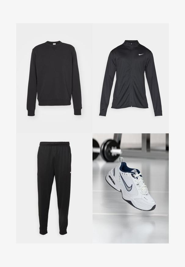 Musta urheilutakki pitkillä hihoilla, kauluksella ja kokonaisella vetoketjulla. Täydentää hienovarainen Nike-logo valkoisena vasemmassa ylärinnassa. Litteä pinta.; Mustaa hupparia, jossa on pitkät hihat, ribbausvartalo ja pyöreä pääntie. Valmistettu pehmeästä, tekstuurista kankaasta, minimalistisella tyylillä.; Mustat urheiluhousut, jotka on valmistettu sileästä kankaasta. Niissä on joustava vyötärö, kapenevat lahkeet ja pieni valkoinen logo vasemmalla puolella.; Valkoinen urheilukengä, jossa on tummansininen aksentti, verkkokangasta ja nahkaa yläosa, vahvistettu varvas ja musta kumipohja. Ominaisuuksia ovat erottuva Nike-brändäys.