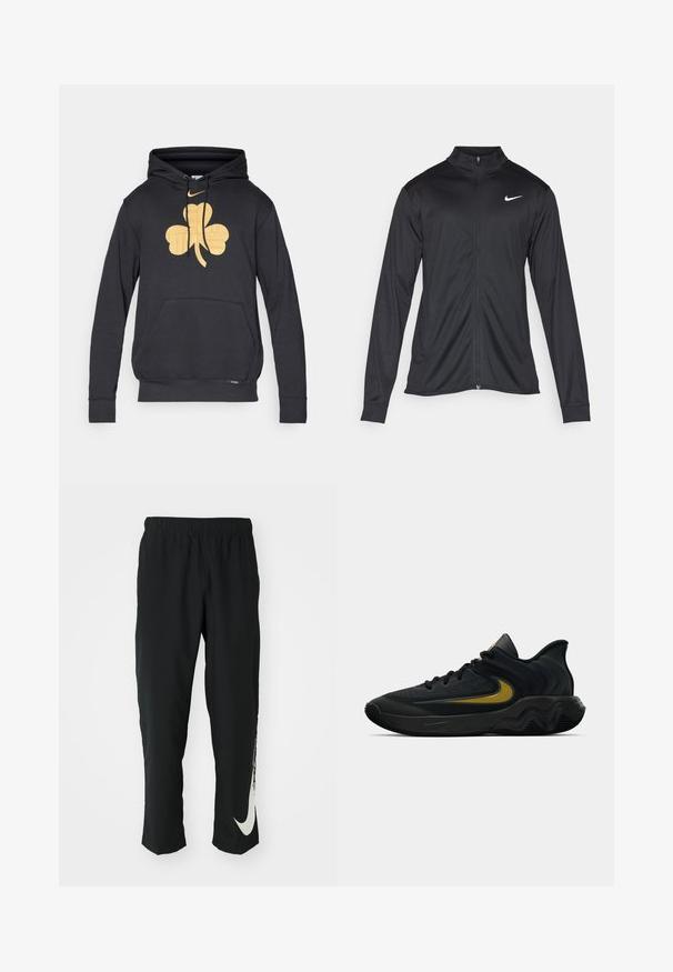 Svart idrottsjacka med långa ärmar, krage och full dragkedja. Har en diskret Nike-logga i vitt på övre vänstra bröstet. Slät yta.; Svart huva tröja med en stor guld shamrock-design på framsidan, dragsko i huva och framficka. Mjuk, strukturerad tyg.; Svarta träningsbyxor med elastisk midja, avsmalnande design, med en stor vit Nike-logotyp på vänster ben. Mjuk, lättviktig tyg.; Svart och mörkgrå sportskor med svarta snören och gul swoosh-logotyp, utrustad med en vågig sula och vadderad hälkrage.