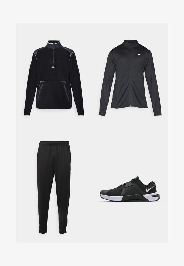 Schwarze Sportjacke mit langen Ärmeln, Kragen und voller Reißverschluss. Verfügt über ein dezentes Nike-Logo in Weiß auf der oberen linken Brust. Glatte Textur.; Fleece-Pullover in Schwarz mit hohem Kragen, halbem Reißverschluss an der Vorderseite, zwei Seitentaschen und kontrastierenden Nähten in Grau und Marineakzenten.; Schwarze Sporthosen aus glattem Stoff, mit einem elastischen Bund, schmal zulaufenden Beinen und einem kleinen weißen Logo auf der linken Seite.; Nike Performance METCON 10 - Trainingsschuh - black/white/anthracite