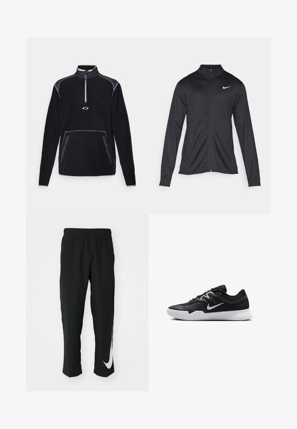 Giacca sportiva nera con maniche lunghe, colletto e zip completa. Presenta un logo Nike in bianco sulla parte superiore del lato sinistro del petto. Tessuto morbido.; Pullover in felpa nero con colletto alto, zip frontale a metà, due tasche laterali e cuciture a contrasto in grigio e accenti blu navy.; Pantaloni sportivi neri con cintura elasticizzata, design affusolato, caratterizzati da un grande logo Nike bianco sulla gamba sinistra. Tessuto morbido e leggero.; Scarpa sportiva nera con tomaia testurizzata, logo Nike swoosh bianco e suola in gomma bianca. Presenta un design con lacci e una forma dinamica.