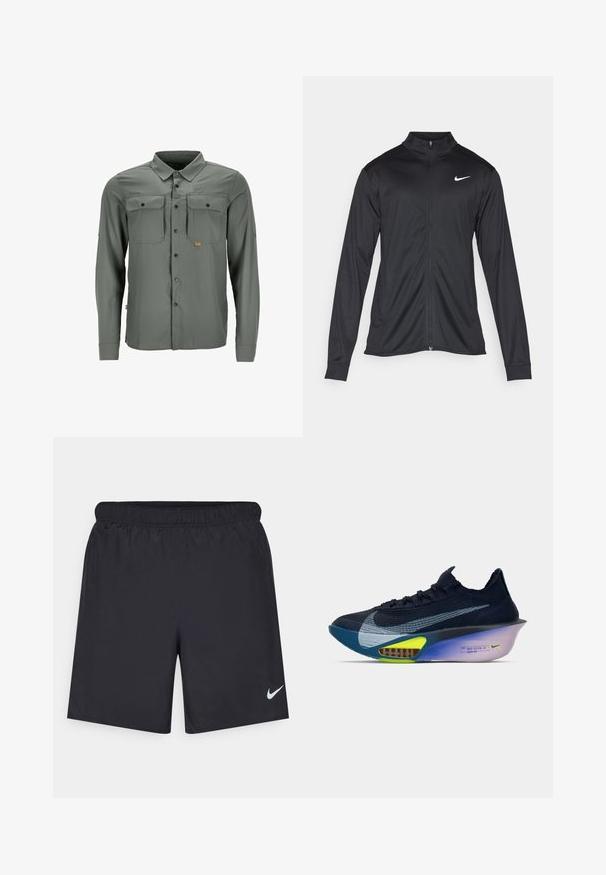 Zwarte sportjack met lange mouwen, kraag en volle rits. Voorzien van een subtiele Nike-logo in het wit op de bovenste linkerborst. Soepele textuur.; Lange mouwen knoopjesoverhemd van grijze stof met twee borstzakken en een klein logo-oprap. Heeft een klassieke kraag en een gestructureerd patroon.; Zwarte sportshorts gemaakt van lichtgewicht materiaal met een elastische tailleband. Voorzien van een klein wit Nike-logo aan de onderzijde aan de linkerkant.; Donkerblauwe Nike hardloopschoen met grote zilveren swoosh, neongele details op de zool en een dikke gepolsterde hiel in een verloop van paars naar roze.