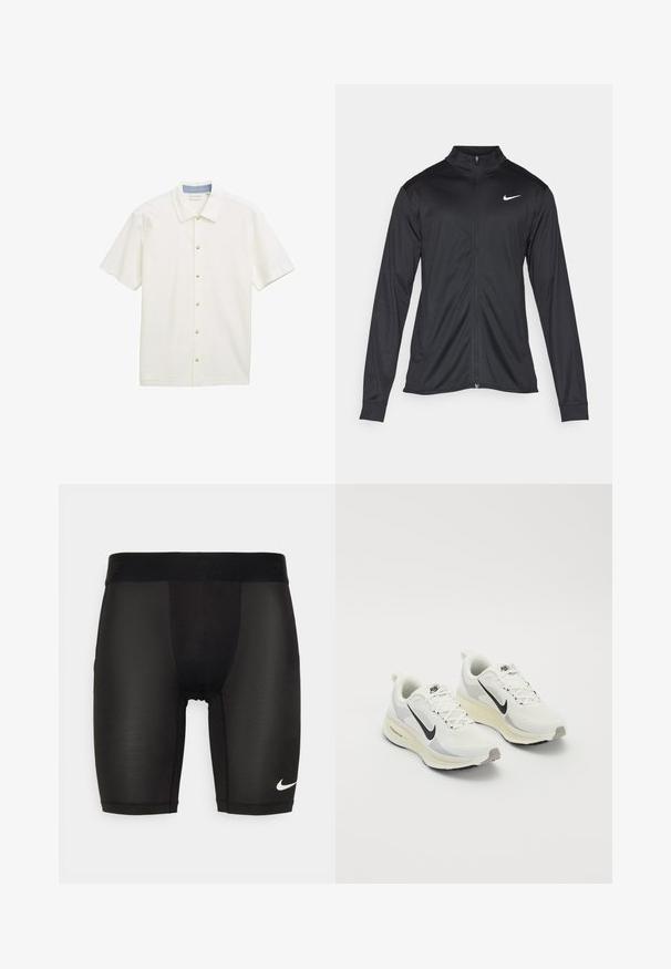 Svart idrottsjacka med långa ärmar, krage och full dragkedja. Har en diskret Nike-logga i vitt på övre vänstra bröstet. Slät yta.; Kortärmad skjorta i vitt tyg med ett strukturerat mönster, med spetsig krage och fem beige knappar framtill.; Svarta sportshorts tillverkade av ett mjukt,Stretchigt tyg. Funktioner en bred midjeband med prägling och en liten vit logotyp på benet.; Löparskor gjorda av vit, ventilerande mesh med ljusgrå detaljer. Har en svart swoosh-logotyp och en ljusgrå gummiyttersula.