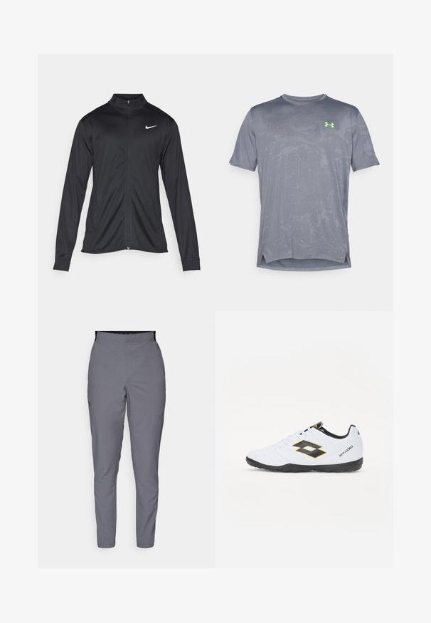 Juodas sportinis švarkas su ilgomis rankovėmis, apykakle ir pilnu užtrauktuku. Yra subtilus baltas Nike logotipas kairėje krūtinės pusėje. Lygus tekstūra.; Under Armour VENT - Sportiniai marškinėliai trumpomis rankovėmis - castlerock/hyper green; Pilki, siauri kelnių modeliai su sklandžiu paviršiumi, elastingu juosmeniu ir šoninėmis kišenėmis. Kairiojo šlaunies pusėje yra maža logotipo detalė.; Baltos sportinės bateliai su juodais ir geltonais akcentais, turintys tekstūruotą viršutinę dalį, apvalią nosį ir juodą guminius padus. Dizainas apima logotipo detalę šone.