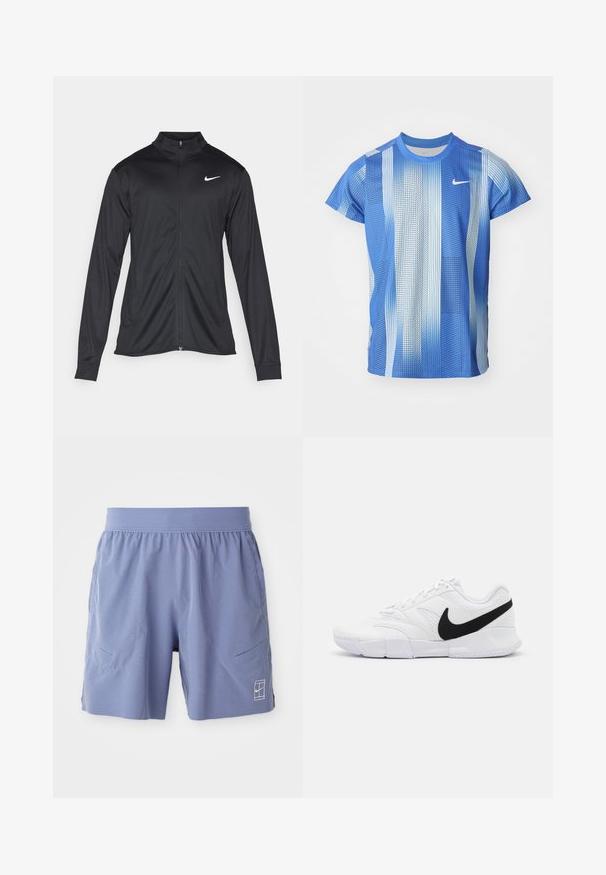 Musta urheilutakki pitkillä hihoilla, kauluksella ja kokonaisella vetoketjulla. Täydentää hienovarainen Nike-logo valkoisena vasemmassa ylärinnassa. Litteä pinta.; Nike t-paita lyhyillä hihoilla sinisen sävyissä, jossa on ruudullinen kuvio ja pyöreä kaula-aukko. Valmistettu kevyestä, hengittävästä kankaasta.; Vaaleansiniset urheilushortsit, joissa on joustava vyötärö, kaksi sivutaskua ja pieni valkoinen logo oikean etu-alan alareunassa. Saumaton pinta.; Valkoiset urheilukengät, joissa on teksturoitu päällinen, musta Nike-logo, pehmustettu nilkkasauma ja tiivis kumipohja, jossa on kuvioitu kuvio.