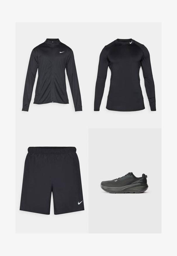 Zwarte sportjack met lange mouwen, kraag en volle rits. Voorzien van een subtiele Nike-logo in het wit op de bovenste linkerborst. Soepele textuur.; Zwart sportshirt met lange mouwen, gemaakt van gladde, rekbare stof met een ronde halslijn en een discreet logo op de bovenste linkerkant.; Zwarte sportshorts gemaakt van lichtgewicht materiaal met een elastische tailleband. Voorzien van een klein wit Nike-logo aan de onderzijde aan de linkerkant.; Zwarte sportieve schoen met een ademend mesh bovenwerk, textuur in de zool en een ondersteunend tussenzoolontwerp. Reflecterende accenten zijn aanwezig.