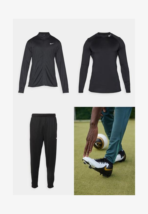 Must värvi sportlik jakk pikkade varrukatega, krae ja täispikk tõmblukk. Ülemises vasakus rinnas on diskreetne valge Nike logo. Sile tekstuur.; Must have pikad varrukad ja sportlik särk, mis on valmistatud sileda ja elastse kanga kasutamisest, ümar kaelus ja diskreetne logo vasakus ülanurgas.; Mustad mustekad athletic-püksid sujuvast kangast, elastse vöökoha, kitsenevate jalgade ja väikese valge logoga vasakul küljel.; Nike jalgpallijalats, millel on valge ja must disain koos kuldsete aktsentidega, tekstureeritud pind ja nähtavad nupud, asetatud rohelisele murule, mille kõrval on pall.