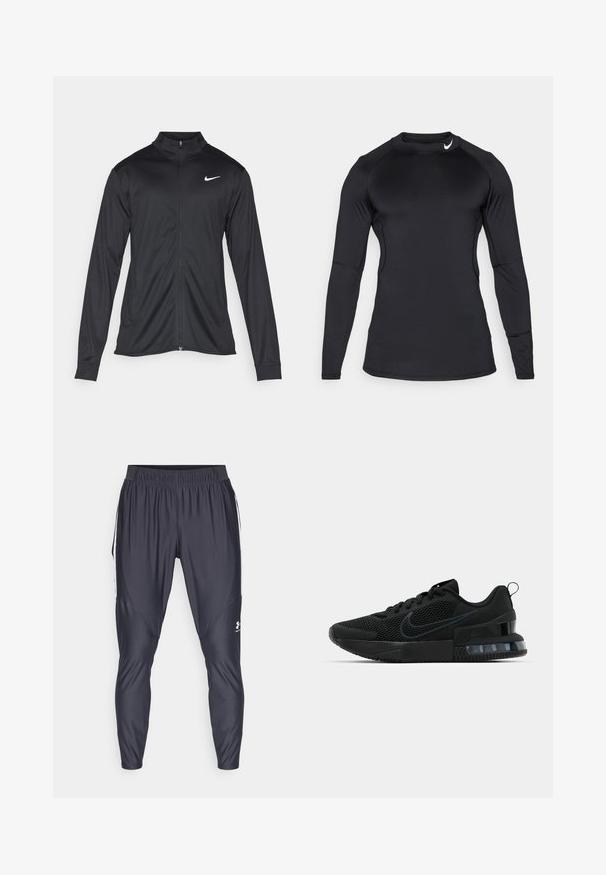 Svart idrettsjakke med lange ermer, krage og full glidelås. Har en subtil Nike-logo i hvitt på øvre venstre bryst. Glatt tekstur.; Svart langermet treningstrøye laget av glatte, elastiske stoffer med rund hals og diskret logo på øvre venstre side.; Sorte treningsbukser i lett, glatt stoff. Har en elastisk linning, smalere ben og hvite sidestriper. Logo nær sømmen.; Svart Nike treningssko med mesh-overdel, gummisåle, polstret krage og en distinkt gjennomsiktig hældetalj.