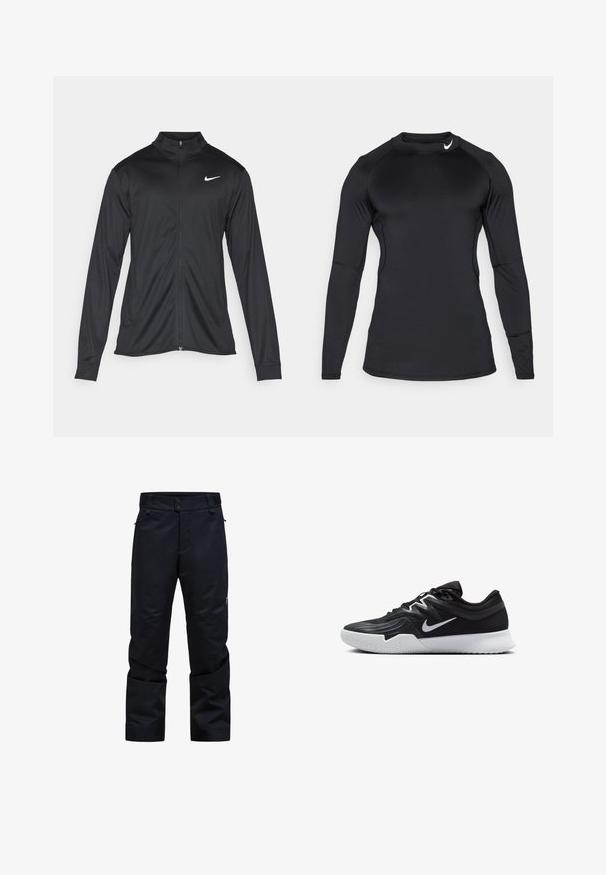 Fekete sportdzseki hosszú ujjal, gallérral és teljes cipzárral. Diszkrét fehér Nike logóval az upper bal mellen. Sima textúra.; Fekete, hosszú ujjú sportpóló sima, rugalmas anyagból, kerek nyakú, diszkrét logóval a bal felső részen.; Fekete vízálló nadrág egyenes szabással, két gombos záródással, cipzáras zsebekkel és állítható derékkal. Jellemzője a sima, tartós anyag.; Fekete sportcipő texturált felsőrésszel, fehér Nike logóval és fehér gumitalppal. Fűzős kialakítással és dinamikus formával rendelkezik.