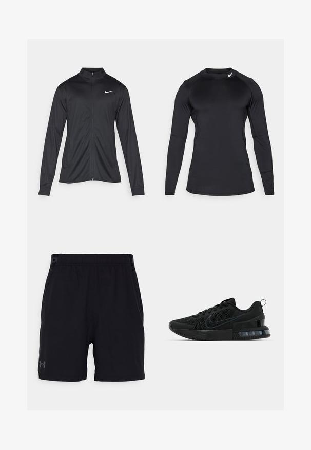 Čierna športová bunda s dlhými rukávmi, golierom a plným zipsom. Obsahuje nenápadné logo Nike v bielej farbe na hornej ľavej hrudi. Hladká textúra.; Čierne športové tričko s dlhým rukávom vyrobené z hladkého, elastického materiálu, s okrúhlym výstrihom a diskrétnym logom na ľavej hornej strane.; Čierne športové šortky s elastickým pásom, s jemným logom v šedej farbe na ľavom stehne. Hladká tkanina, dizajn po kolená.; Čierna atletická obuv Nike so sieťovinovým zvrškom, gumovou podrážkou, polstrovaným golierom a výrazným priehľadným akcentom na podpätku.