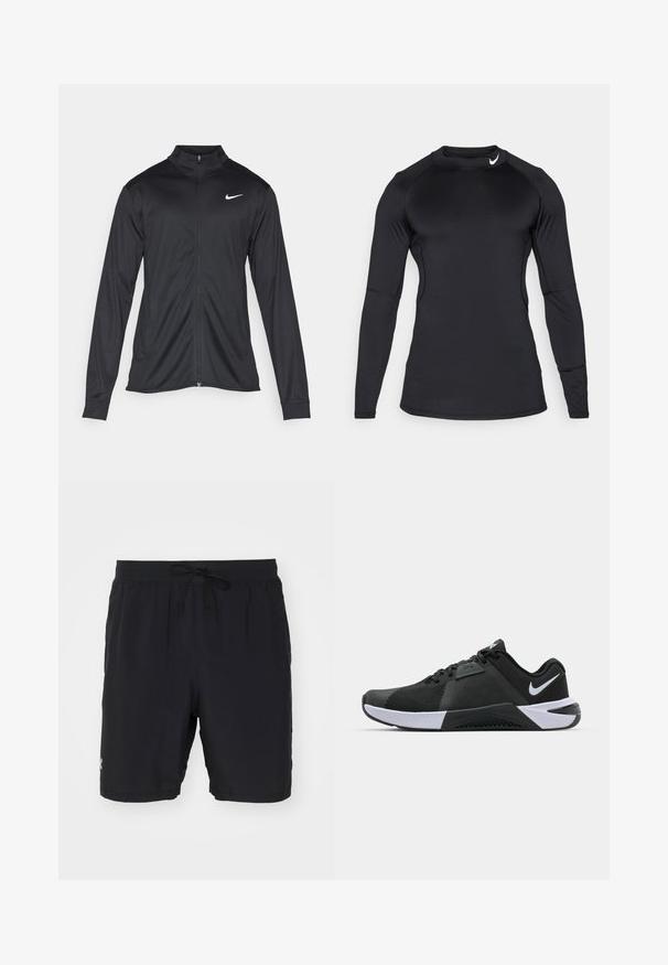 Schwarze Sportjacke mit langen Ärmeln, Kragen und voller Reißverschluss. Verfügt über ein dezentes Nike-Logo in Weiß auf der oberen linken Brust. Glatte Textur.; Schwarzes, langärmeliges Sporthemd aus glattem, dehnbarem Material mit Rundhalsausschnitt und dezentem Logo oben links.; Schwarze Badehose aus leichtem Material, mit elastischem Bund und Kordelzug, Seitentaschen und einem dezenten Logodetail.; Nike Performance METCON 10 - Trainingsschuh - black/white/anthracite