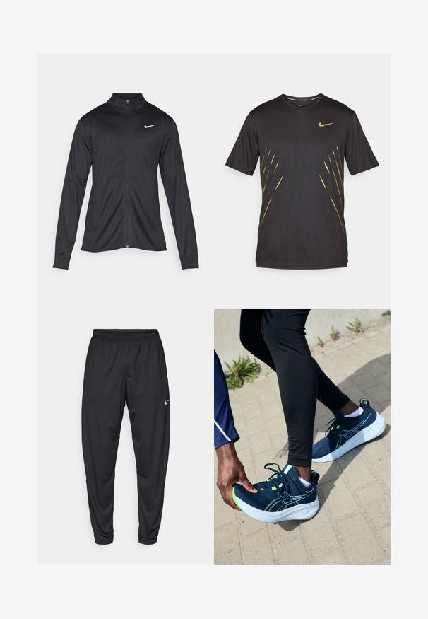 Czarna sportowa kurtka z długimi rękawami, kołnierzem i pełnym zamkiem. Posiada subtelne logo Nike w białym kolorze na lewej górnej części klatki piersiowej. Gładka tekstura.; Czarny sportowy t-shirt z krótkim rękawem, z emblematem Nike w kolorze złotym, z designerskimi złotymi pasami na przodzie. Miękka, lekka tkanina.; Czarne spodenki sportowe z elastycznym paskiem w talii, zwężanymi nogawkami i małym, białym logo Nike na lewej udzie. Gładki materiał, bez wzorów.; Granatowe buty sportowe z zielonymi akcentami, teksturowana siateczka na cholewce oraz gruba biała podeszwa. Na ścieżce stoi stopa dopasowująca but.