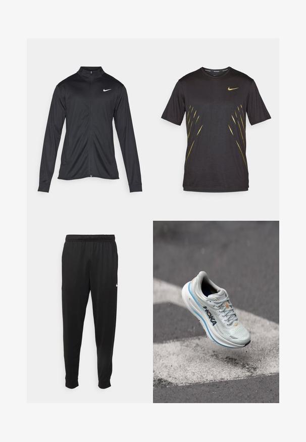 Juodas sportinis švarkas su ilgomis rankovėmis, apykakle ir pilnu užtrauktuku. Yra subtilus baltas Nike logotipas kairėje krūtinės pusėje. Lygus tekstūra.; Juoda sportinė marškinėliai trumpomis rankovėmis, su Nike emblema auksinės spalvos, su auksinėmis juostomis dizainu per priekį. Minkšta, lengva medžiaga.; Juodi sportiniai kelnės, pagamintos iš lygaus audinio, turinčios elastinę juosmenį, siaurėjantys sijonai ir mažas baltas logotipas kairėje pusėje.; Šviesiai pilki bėgimo bateliai su kvėpuojančiu tinkleliu, oranžinėmis detalėmis ir storu baltu vidurinės dalies padu su mėlynu apvadu. Lengvas dizainas.