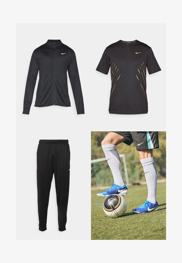 Čierna športová bunda s dlhými rukávmi, golierom a plným zipsom. Obsahuje nenápadné logo Nike v bielej farbe na hornej ľavej hrudi. Hladká textúra.; Čierne športové tričko s krátkym rukávom, s emblémom Nike v zlatej farbe, so zlatými pruhmi cez prednú časť. Mäkko, ľahký materiál.; Čierne športové nohavice z hladkej tkaniny, s elastickým pásom, zužujúcimi sa nohavicami a malým bielym logom na ľavej strane.; Modré futbalové kopačky Nike s textúrovaným zvrškom, čiernymi akcentmi a bielymi kolíkmi; čierno-biely futbalový loptos s zlatými detailmi pod ním.