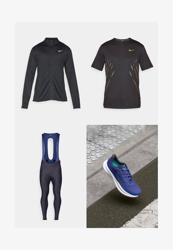 Schwarze Sportjacke mit langen Ärmeln, Kragen und voller Reißverschluss. Verfügt über ein dezentes Nike-Logo in Weiß auf der oberen linken Brust. Glatte Textur.; Schwarzes sportliches T-Shirt mit kurzen Ärmeln, Nike-Emblem in Gold, mit goldenen Streifen-Design auf der Vorderseite. Weicher, leichter Stoff.; Rapha MENS CORE WINTER WITH PAD - Tights - dark navy/navy; Blauer Sportschuh mit strukturiertem Obermaterial und Netzdetails, weißer Mittelsohle und schwarzen Akzenten. Schnürdesign mit auffälligem Logo.