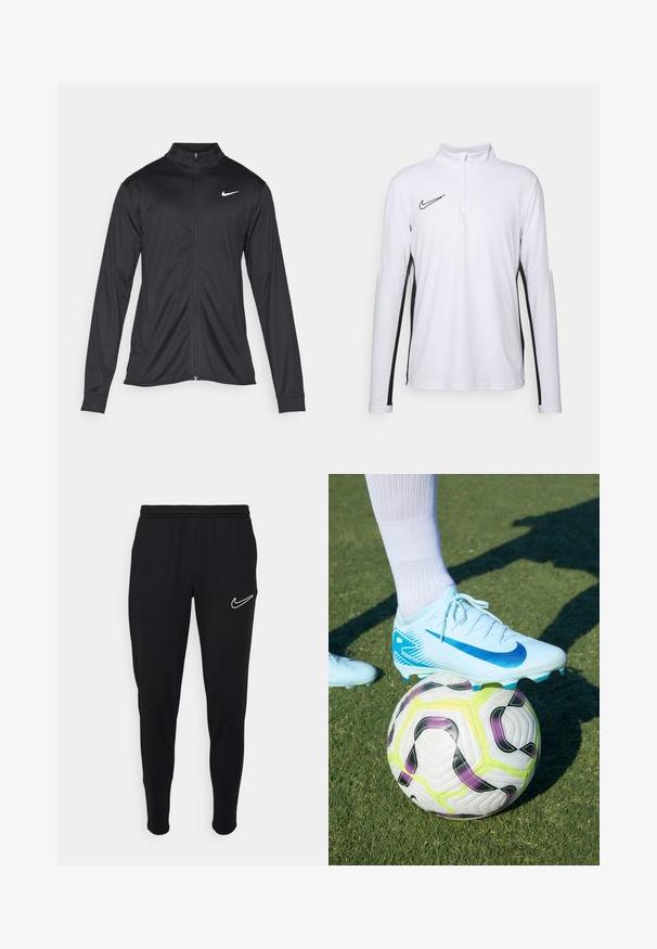 Giacca sportiva nera con maniche lunghe, colletto e zip completa. Presenta un logo Nike in bianco sulla parte superiore del lato sinistro del petto. Tessuto morbido.; Top bianco a maniche lunghe con colletto a mezza zip, pannelli laterali neri e un piccolo logo Nike nero sul petto. Tessuto morbido e leggero.; Jogging neri sportivi con cintura elastica, vestibilità slim e logo Nike bianco sul lato sinistro. Tessuto morbido con una texture liscia.; Scarpino da calcio Nike azzurro chiaro con motivo a swoosh blu, appoggiato su una palla da calcio multicolore con accenti verdi, viola e neri.