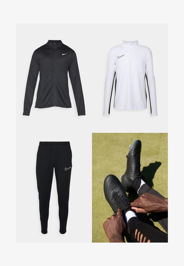 Giacca sportiva nera con maniche lunghe, colletto e zip completa. Presenta un logo Nike in bianco sulla parte superiore del lato sinistro del petto. Tessuto morbido.; Top bianco a maniche lunghe con colletto a mezza zip, pannelli laterali neri e un piccolo logo Nike nero sul petto. Tessuto morbido e leggero.; Jogging neri sportivi con cintura elastica, vestibilità slim e logo Nike bianco sul lato sinistro. Tessuto morbido con una texture liscia.; Scarpe da calcio nere con tomaia strutturata e lacci neri, tirati da mani. Ambientate su una superficie verde, con abbigliamento sportivo nero e calzini bianchi.