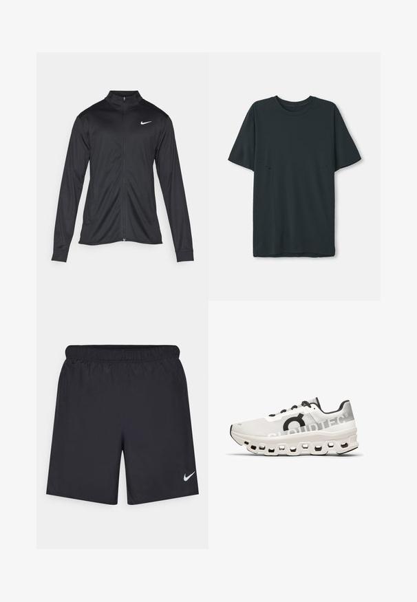 Giacca sportiva nera con maniche lunghe, colletto e zip completa. Presenta un logo Nike in bianco sulla parte superiore del lato sinistro del petto. Tessuto morbido.; T-shirt corto grigio scuro a maniche corte realizzato in un tessuto morbido con scollatura rotonda, caratterizzato da sottili dettagli a strisce orizzontali tagliati vicino ai lati.; Shorts sportivi neri realizzati in materiale leggero con vita elastica. Presentano un piccolo logo Nike bianco sul lato sinistro in basso.; Scarpa da corsa bianca con tomaia in rete, accenti neri, suola ammortizzante con tagli esagonali e marchio "CLOUDTEC".