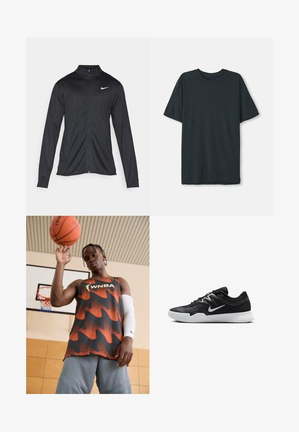 Juodas sportinis švarkas su ilgomis rankovėmis, apykakle ir pilnu užtrauktuku. Yra subtilus baltas Nike logotipas kairėje krūtinės pusėje. Lygus tekstūra.; Tamsiai pilkas trumpomis rankovėmis marškinėliai, pagaminti iš minkštos medžiagos su apvaliu iškirpimu, su subtiliais horizontaliais išpjovimais šalia šonų.; WNBA oranžinė ir juoda tank top marškinėliai, su bangų raštu. Pora su pilkais šortais ir balta rankos apsauga, laikantis krepšinį viršuje.; Juodos sportinės bateliai su tekstūruota viršutine dalimi, balta Nike swoosh ir balta gumine išorine dalimi. Yra su raištelių užsegimo dizainu ir dinamine forma.